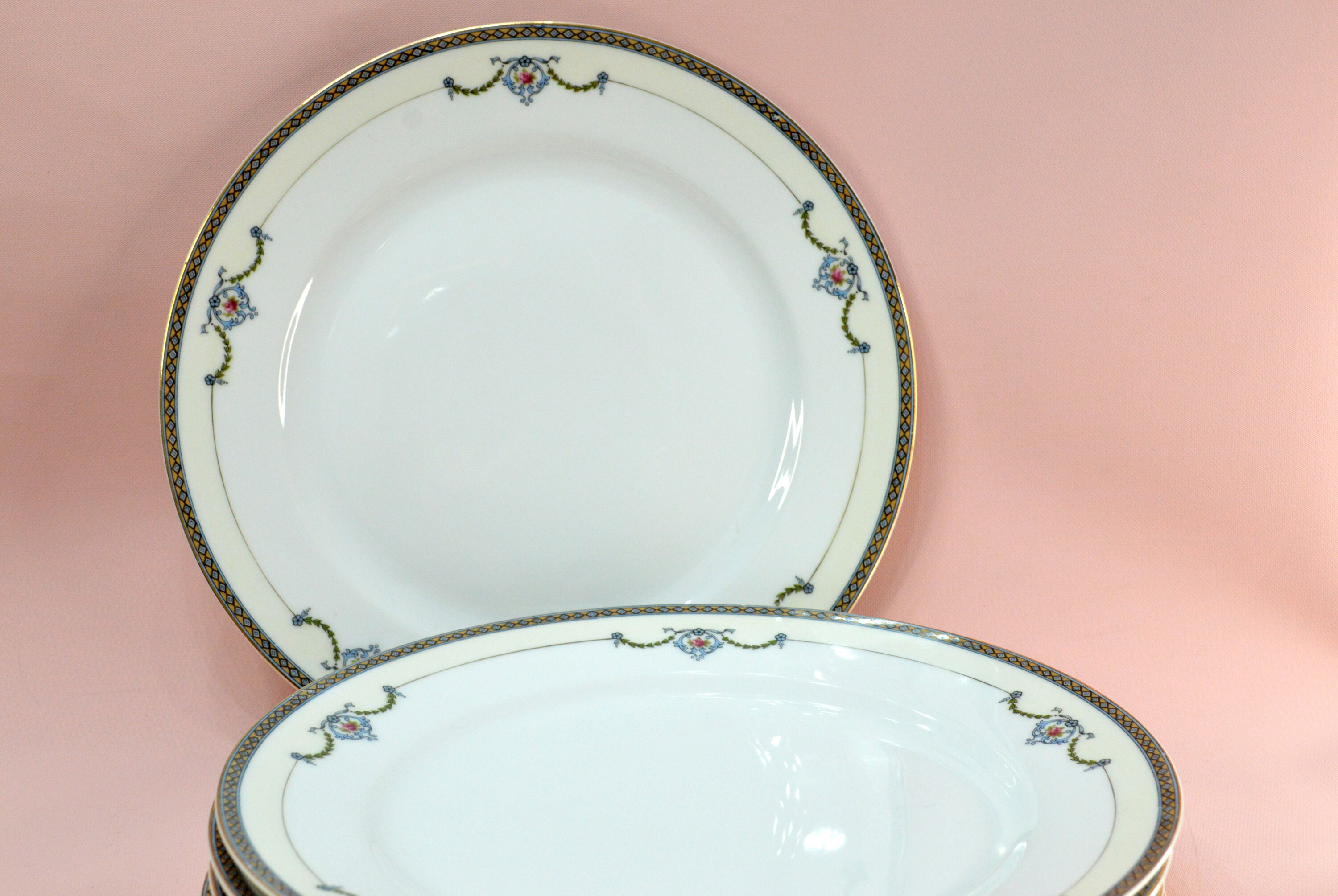 Antique Noritake Dinner Plates Gleneden Blue Swags with Pink Roses 1920s Set of 5