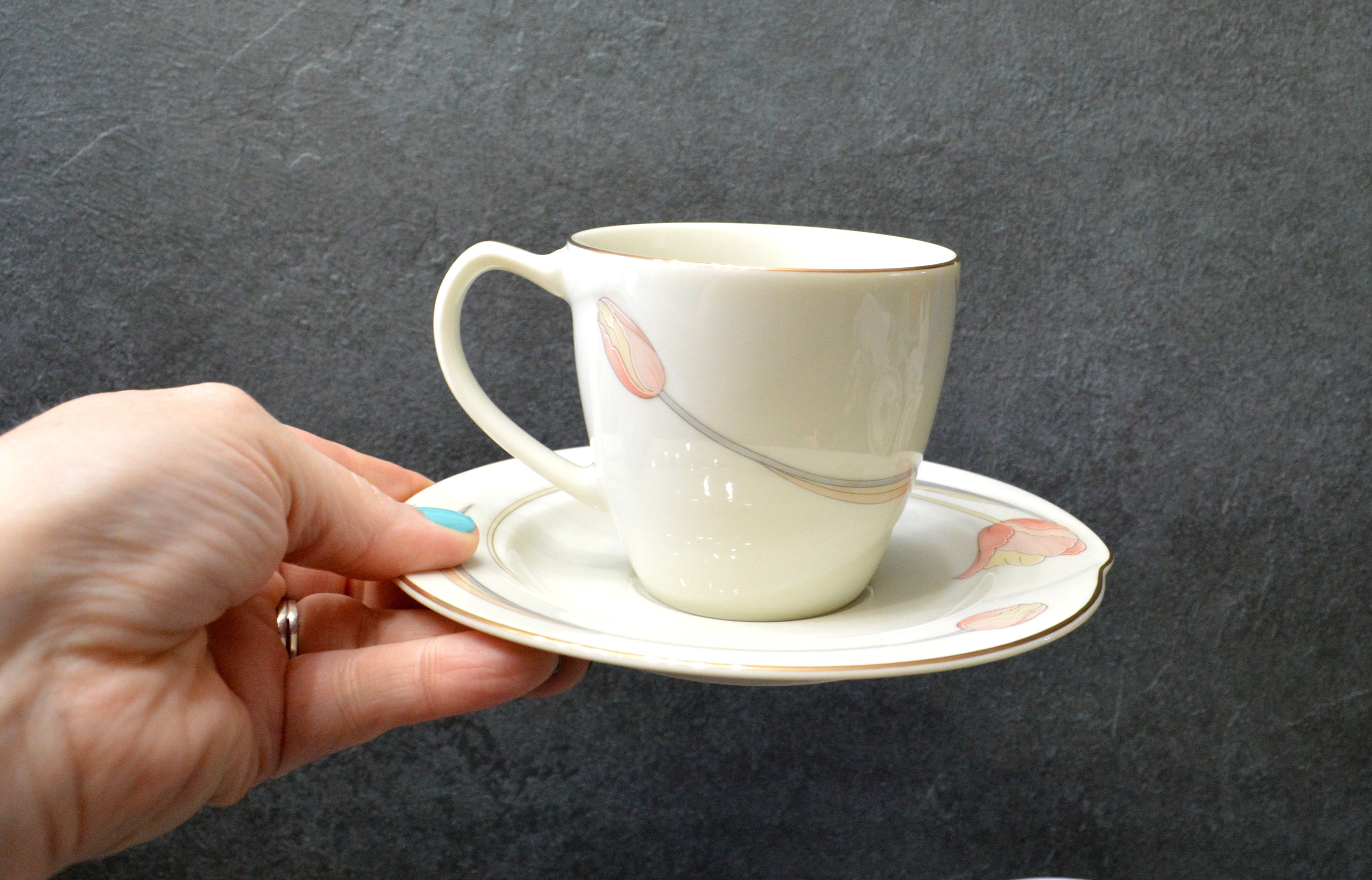 1980s Cups and Saucers, Stylized Pink Tulips, Gray Leaves, Amsterdam by ...