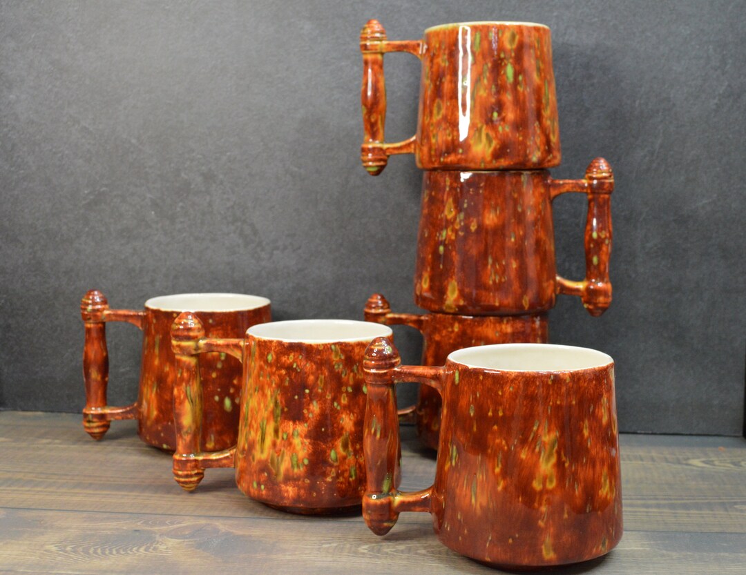 Unusual Coffee Mugs Splatter Glazed in Green and Brown, Vintage 1970s