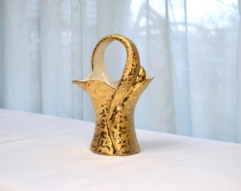 Weeping Gold Ceramic Basket Vase, Small Tall and Narrow Container with Handle, Gold Outside, and White Inside, Midcentury Hollywood Regency