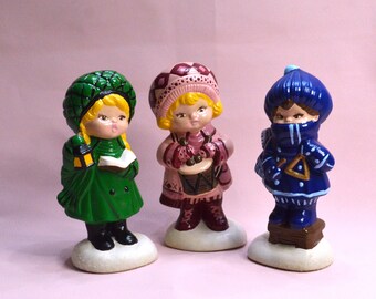 Vintage Caroling Children Figurines, Hobbyist Ceramic Hand Painted Christmas Shelf Decor, Set of 3