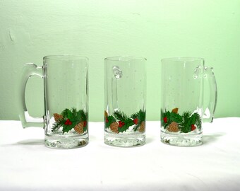 Glass Christmas Mugs with Pine and Holly, Set of 3