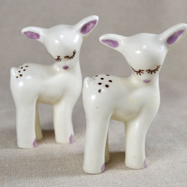 Vintage Deer Figurines, White and Pink Midcentury Ceramic Fawns, Cute Spotted Deer, Baby Deer Statue, Kitschy Woodland Home Decor 404