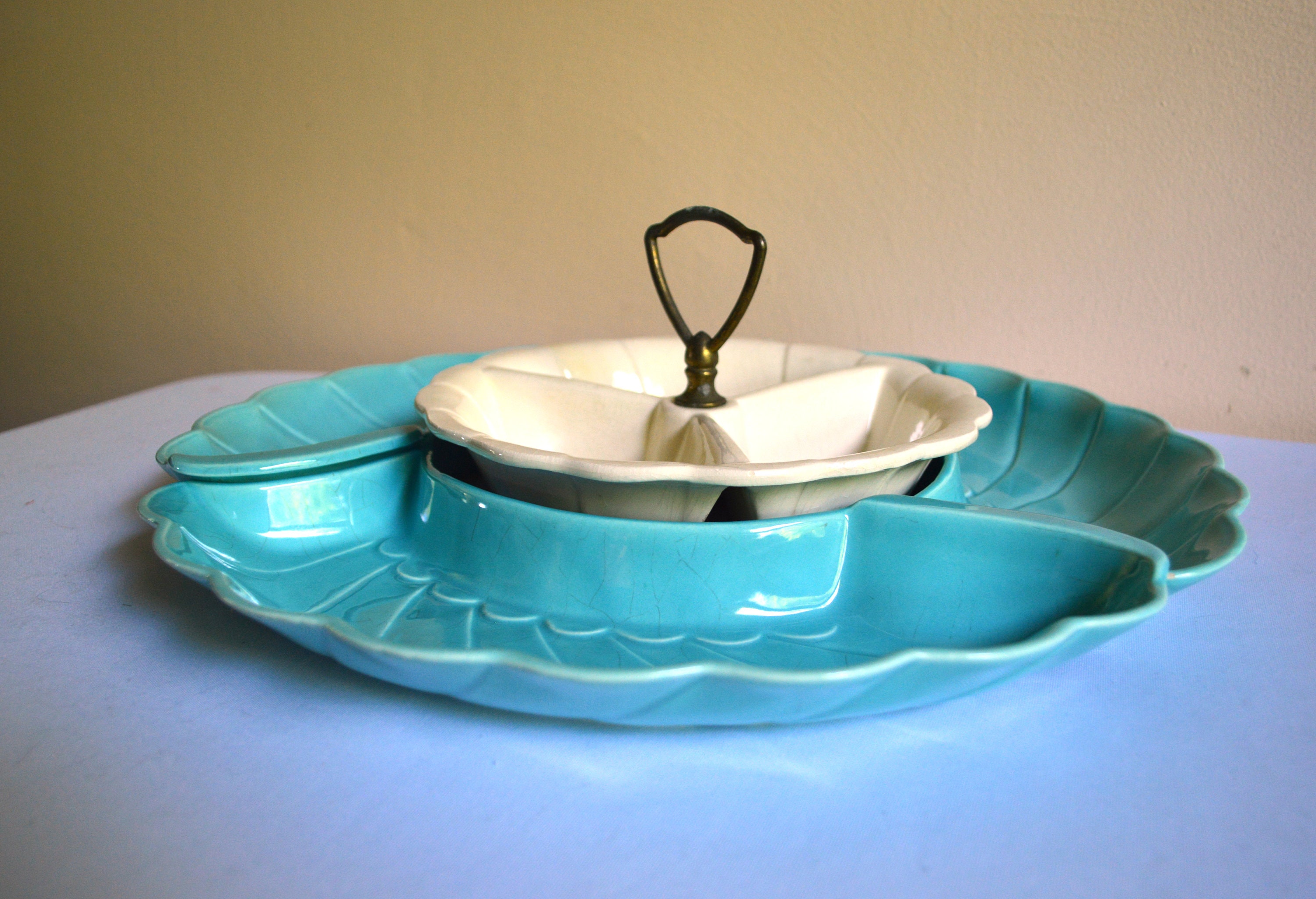 Vintage California Pottery Chip and Dip Set Aqua Blue and Etsy