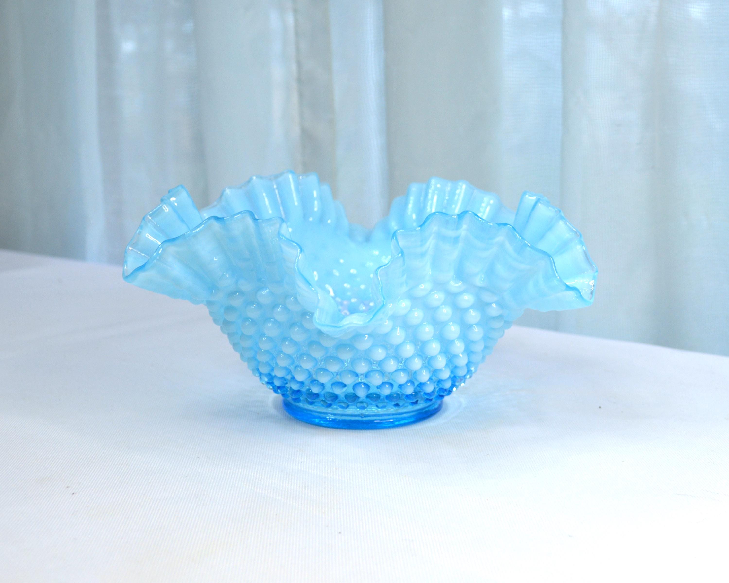 Fenton Hobnail Serving Bowl, Blue Opalescent Double Crimped