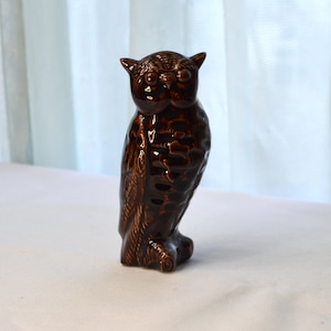 May include: A brown ceramic owl figurine with detailed feathers and a textured surface.