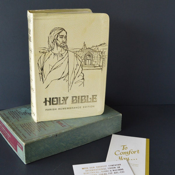The New American Bible by Catholic Publishers, 1971, in Box, Sympathy Gift from International Union of Electrical, Radio & Machine Workers