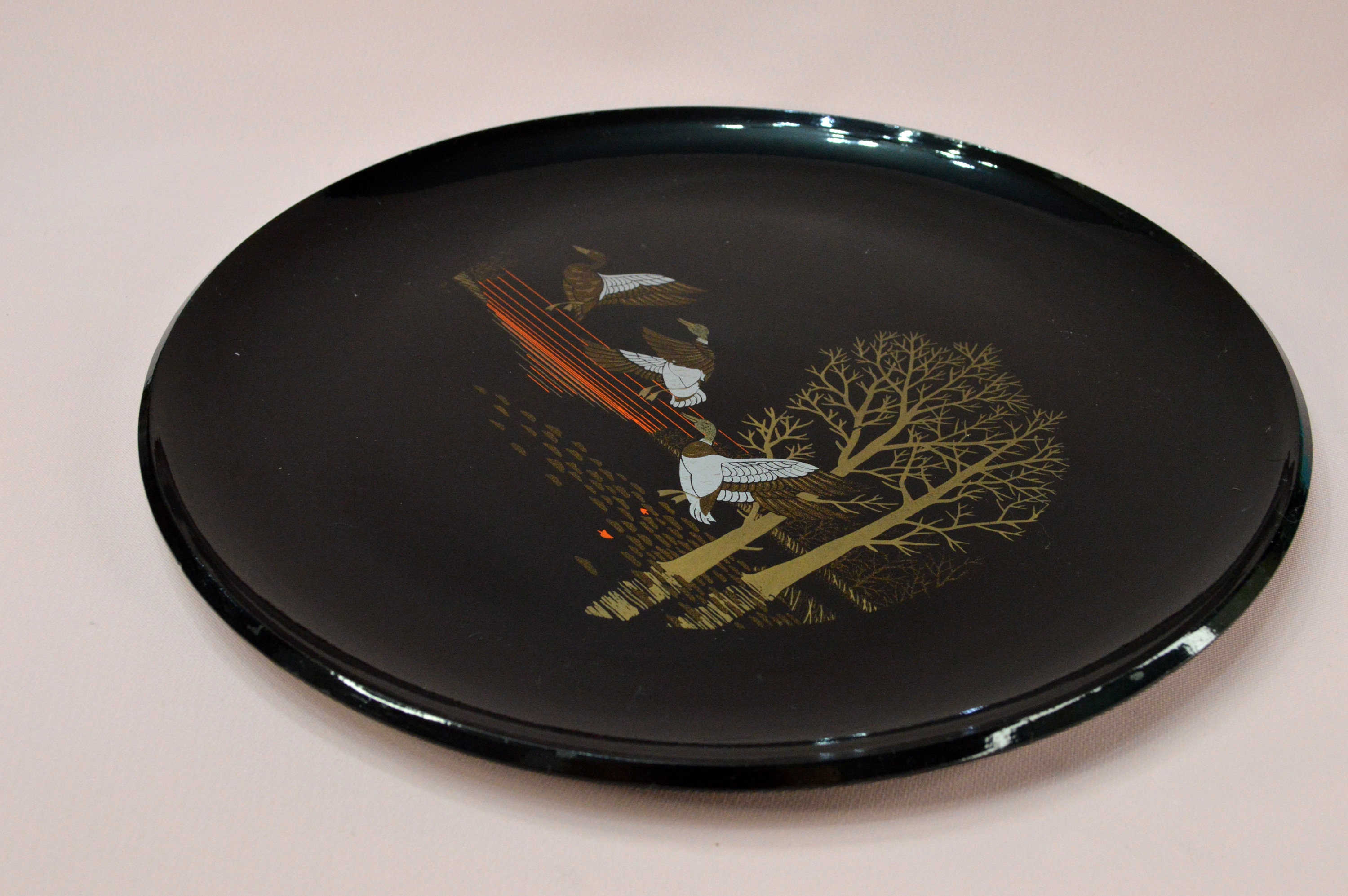 Round Black Serving Tray With Flying Mallard Ducks Vintage Etsy