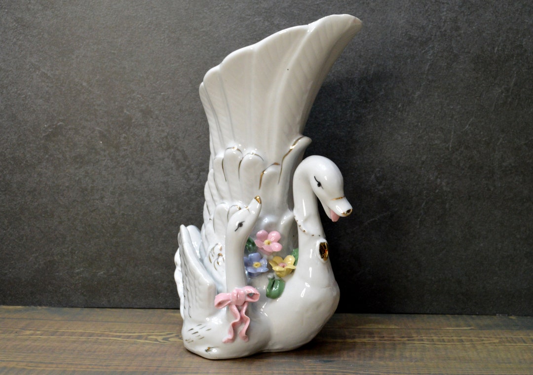 Vintage Large Porcelain Swan Vase With Applied Flowers and Bow Etsy
