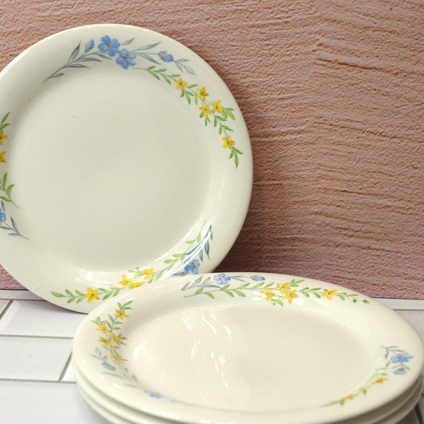 1940s Bread and Butter Plates, Homer Laughlin Swing Eggshell, Blue Flax Pattern, Blue and Yellow Flowers, Set of 4