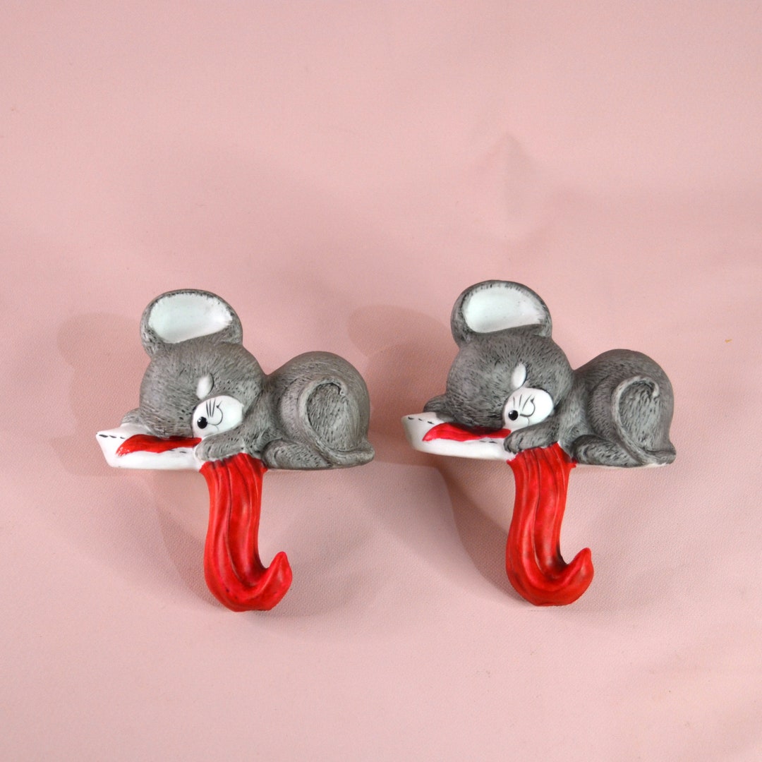 1980s Ceramic Christmas Stocking Holder, Sleeping Gray Mouse With