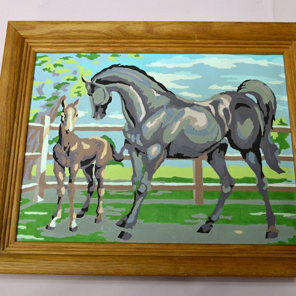 Vintage Horse Paint by Number, Mare and Foal in Field with Fence and Trees, Framed