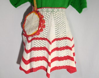 Vintage Apron and Potholders, Hand Crocheted, White, Yellow, and Pink