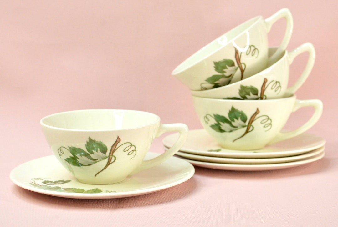Vintage Knowles Grapevine Coffee Cups and Saucers, White With Green