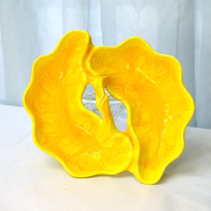 Bright Yellow Candy Dish, Double Leaf with Handle by California Pottery, 1960s Divided Serving Bowl