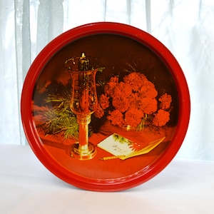 Vintage Christmas Tray, Red Tin Metal Serving Plate with Carnations, Pine, and Candle, 1970s Holiday Decor