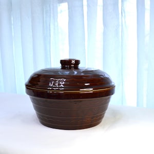 以下が含まれることがあります： 茶色のセラミック製の蓋付きキャセロール皿。 皿は丸みを帯びた形状で、蓋と小さなハンドルが付いています。 外側は光沢仕上げで、装飾的なエッチングラインが特徴です。 皿は白い表面に置かれています。