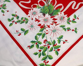 Vintage Christmas Tablecloth, White Poinsettias, Holly, and Candles, 58 by 70 Rectangle