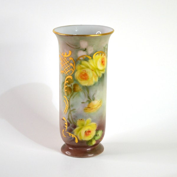 Vintage Ceramic Vase Hand Painted with Yellow Roses, Green Leaves, and Gold Trim, Artist Signed