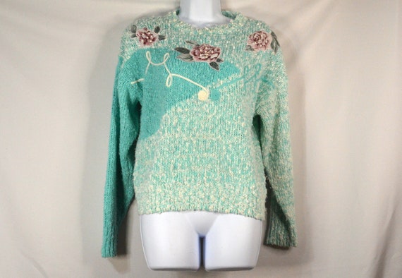 80s Sweater Mint Green and White With Applique Pink Flowers - Etsy