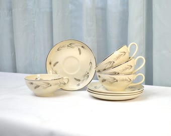Vintage Coffee Cups and Saucers, Taylorton Silver Wheat, Gray Wheat Ears, Yellow Dots, Platinum Trim, 1950s, Set of 4