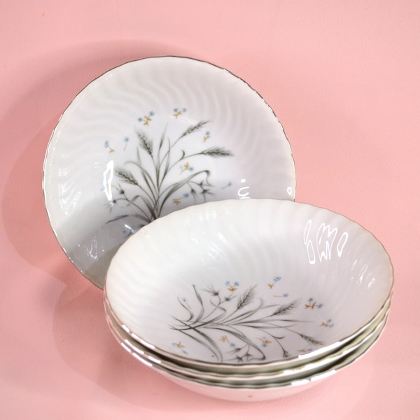 Set of 4 Soup or Cereal Bowls with Gray Wheat and Blue Flowers, Swirled Rims, Platinum Trim, Dunes Made in Japan