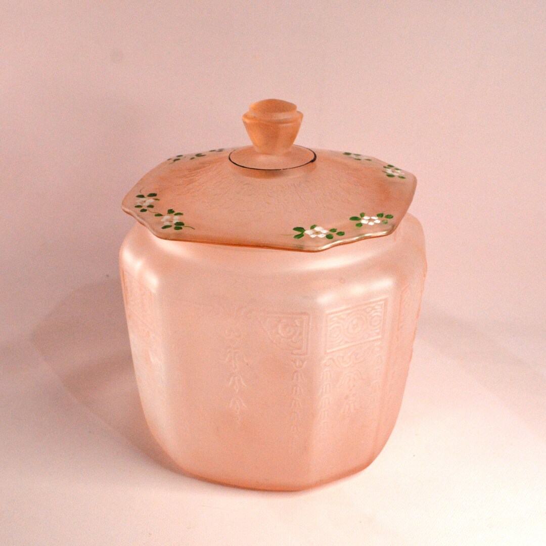 1930s Pink Satin Depression Glass Cookie Jar With Hand Painted Flowers