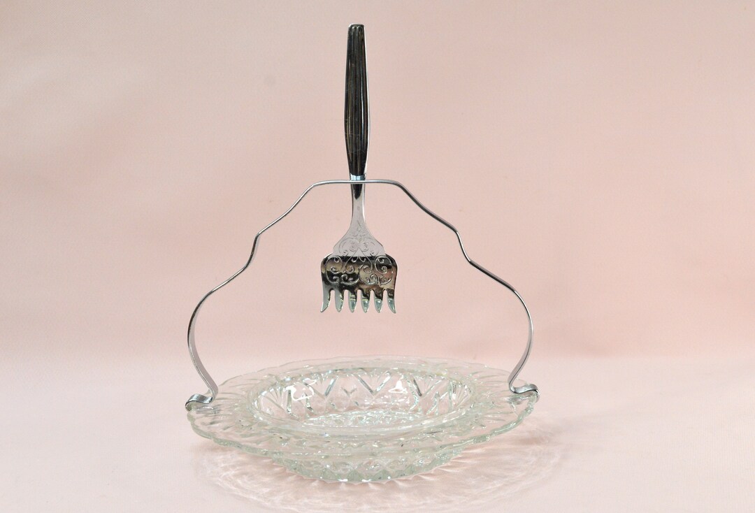 Vintage Serving Set, Glass Dish With Chrome Fork and Handle Etsy