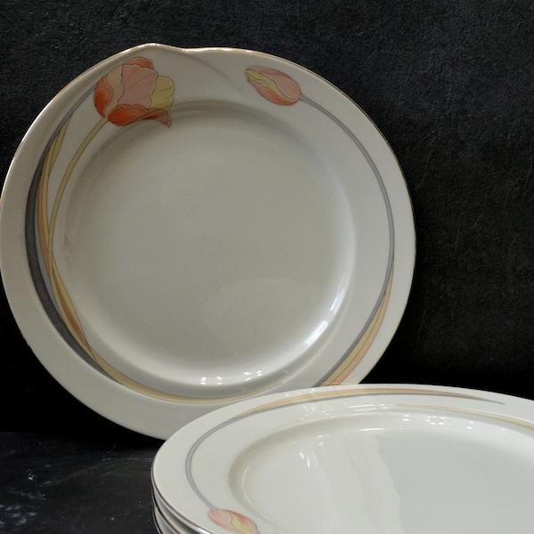 Vintage Dinner Plates, Amsterdam by Ranmaru, Set of 4, Stylized Tulips in Gray, Pink, and Yellow