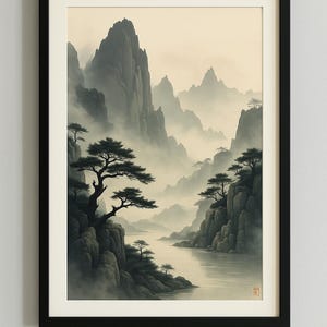 Chinese Landscape Painting, Greyscale Vintage Chinese Ink Art, Asian Art, Muted Ink Art, Asian Landscape Art, Home Decor