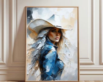Impresión digital de pintura al óleo de vaquera, arte de pared occidental, retrato bohemio de vaquera, decoración rústica de granja, descarga instantánea JPEG