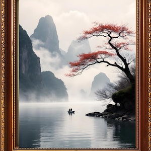 Chinese Landscape Painting, Greyscale Vintage Chinese Ink Art, Asian Art, Muted Ink Art, Asian Landscape Art, Home Decor