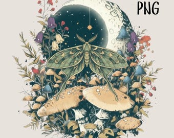Cottagecore Moon Mushroom PNG Sublimation Design | Wildflower Celestial Clipart | High-Resolution Digital Download for T-Shirt Mug Art