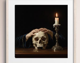 Gothic Skull Wall Art Print, Dark Academia Digital Download, Occult Decor, Printable Vintage Still Life Painting, Moody Home Decor