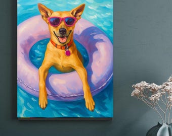 Impresión artística de perro Potcake Pool / Descarga divertida de perro de verano / Decoración de pared para mascotas adorables