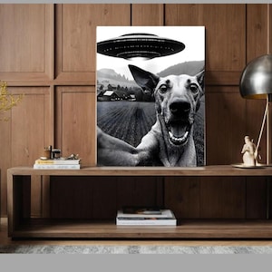 Könnte beinhalten: Schwarz-Weiß-Leinwanddruck mit einem Hund, der ein Selfie mit einem UFO über einer ländlichen Landschaft macht. Der Hund hat ein offenes Maul und scheint aufgeregt zu sein. Der Hintergrund zeigt Felder, Bäume und ein Bauernhaus.