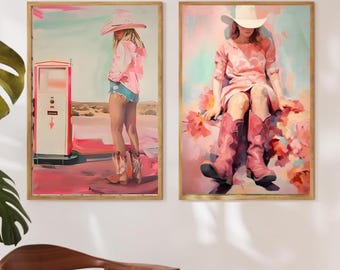 Coastal Cowgirl Wall Art Set | Pink Western Boot Prints & Retro Rodeo Poster | Trendy Dorm Room Decor | Girly Country Aesthetic Digital PNG