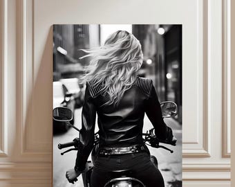 Biker Girl Wall Art, Vintage Motorcycle Woman Digital Print, Black and White Retro Female Rider Poster, Edgy Garage Decor PNG