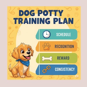 May include: A cartoon illustration of a golden puppy wearing a blue bandana, part of a dog potty training plan. The plan includes schedule, recognition, reward, and consistency, with corresponding icons and text on a yellow background.