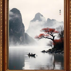 Original Chinese Landscape Painting – Watercolor Mountain Wall Art – Asian Nature Decor Digital Download