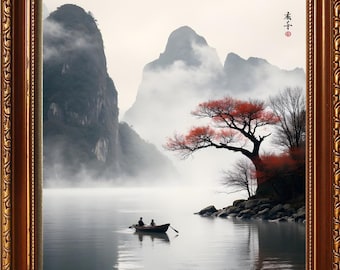 Original chinesisches Landschaftsbild – Aquarell Berg Wandbild – Asiatische Natur Dekor Digitaler Download