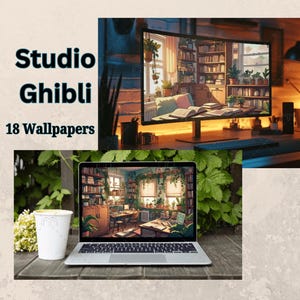 Studio Ghibli Inspired Desktop Laptop Phone Wallpaper MacBook Anime Whimsical Background Lofi Library Booklover PC Plants Computer Wallpaper