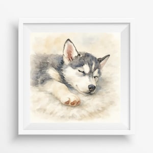 Schlafende Siberian Husky Welpen Kunst, Kinderzimmer Wand Kunst Druck, Aquarell Hund Malerei, Baby Zimmer Dekor, neues Baby Geschenk, digitaler Download
