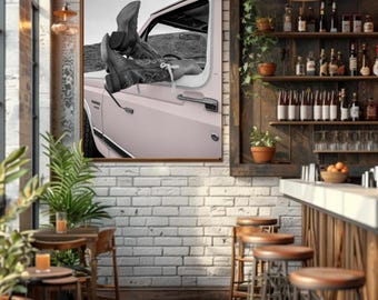 Stivali da cowgirl fuori dal finestrino del camion, stampabile, decorazione murale in formato PNG digitale, download digitale, foto in bianco e nero, decorazione vintage western a 300 DPI