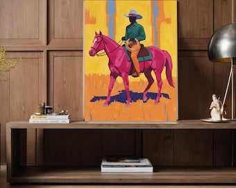 Vibrant Cowboy Wall Art Digital Download PNG, Western Aesthetic Printable Poster, Rodeo Decor, Vintage Ranch Home Gift, 300 DPI.
