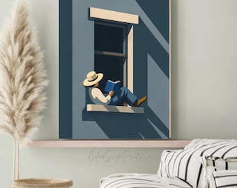 Minimalistische boekenliefhebber muurkunst | Digitale download | Esthetische blauwe leesprint | Abstracte raamkunst | Gezellige sfeer | Woondecoratiecadeau