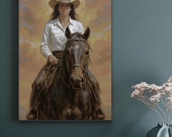 Cowgirl on Horse Watercolor Wall Art Western Country Digital Print