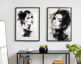 Abstract Black Woman Wall Art Set of 2, Printable Digital Download, Modern Minimalist Female Portrait Print