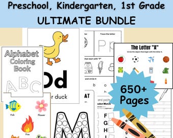 Kleuterschool, kleuterschool, leerbundel 1e leerjaar, 650+ pagina's, educatieve afdrukbare werkbladen, thuisonderwijs, activiteitenboek voor peuters
