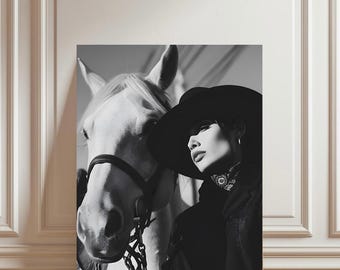 Black and White Cowgirl Wall Art, Hypebeast Horse Print Digital Download, Modern Western Decor, Minimalist Equestrian Chic Poster Art PNG